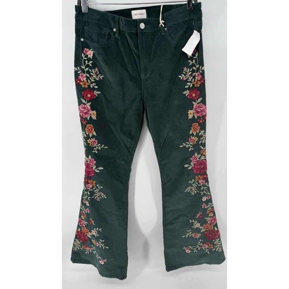Driftwood Farrah Corduroy Embroidered Floral Flare Pants|Dark Green Size 30